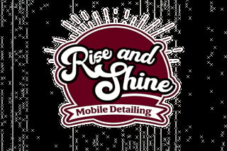 Rise and Shine Mobile Detailing logo with maroon circular emblem and white script lettering on black background